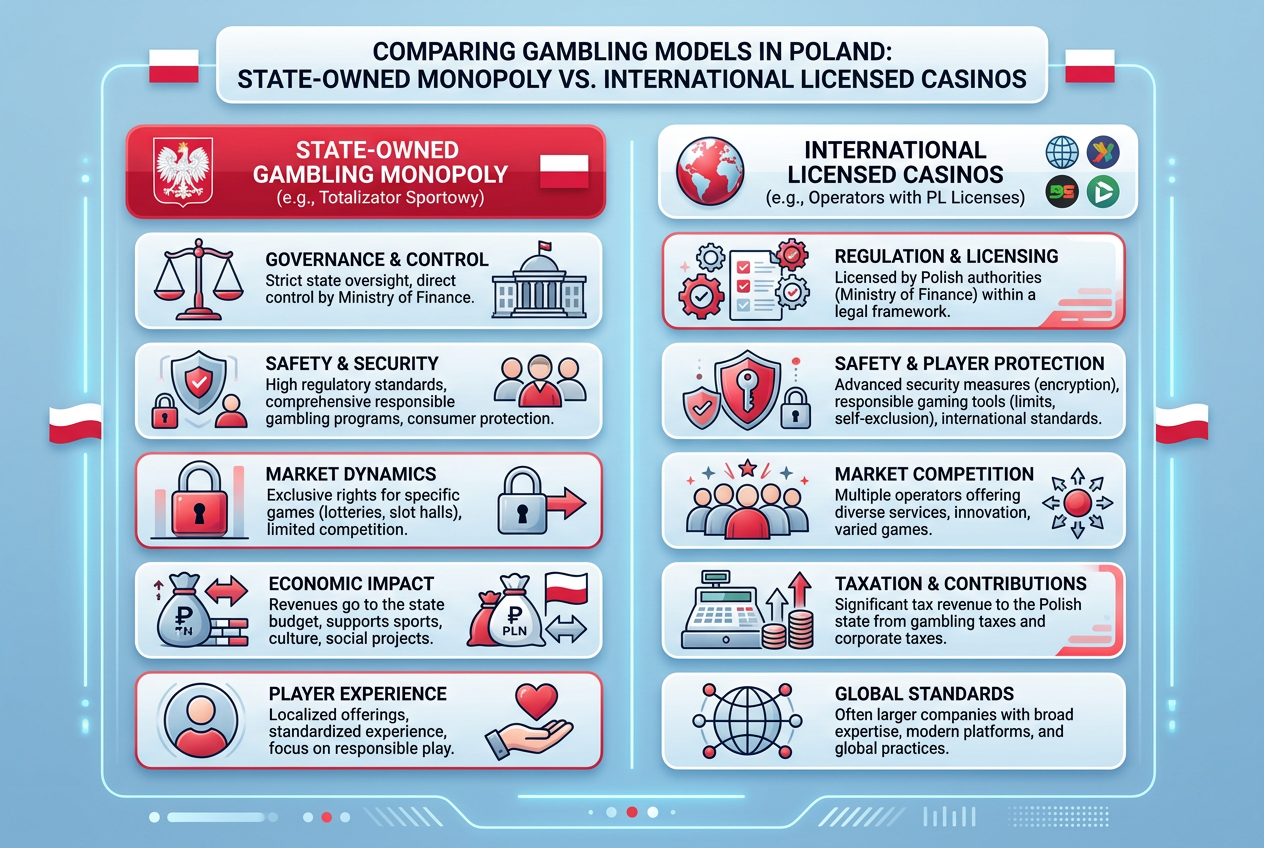 Infografika przedstawiająca strukturę legalności hazardu w Polsce - porównanie monopolu państwowego i licencji zagranicznych