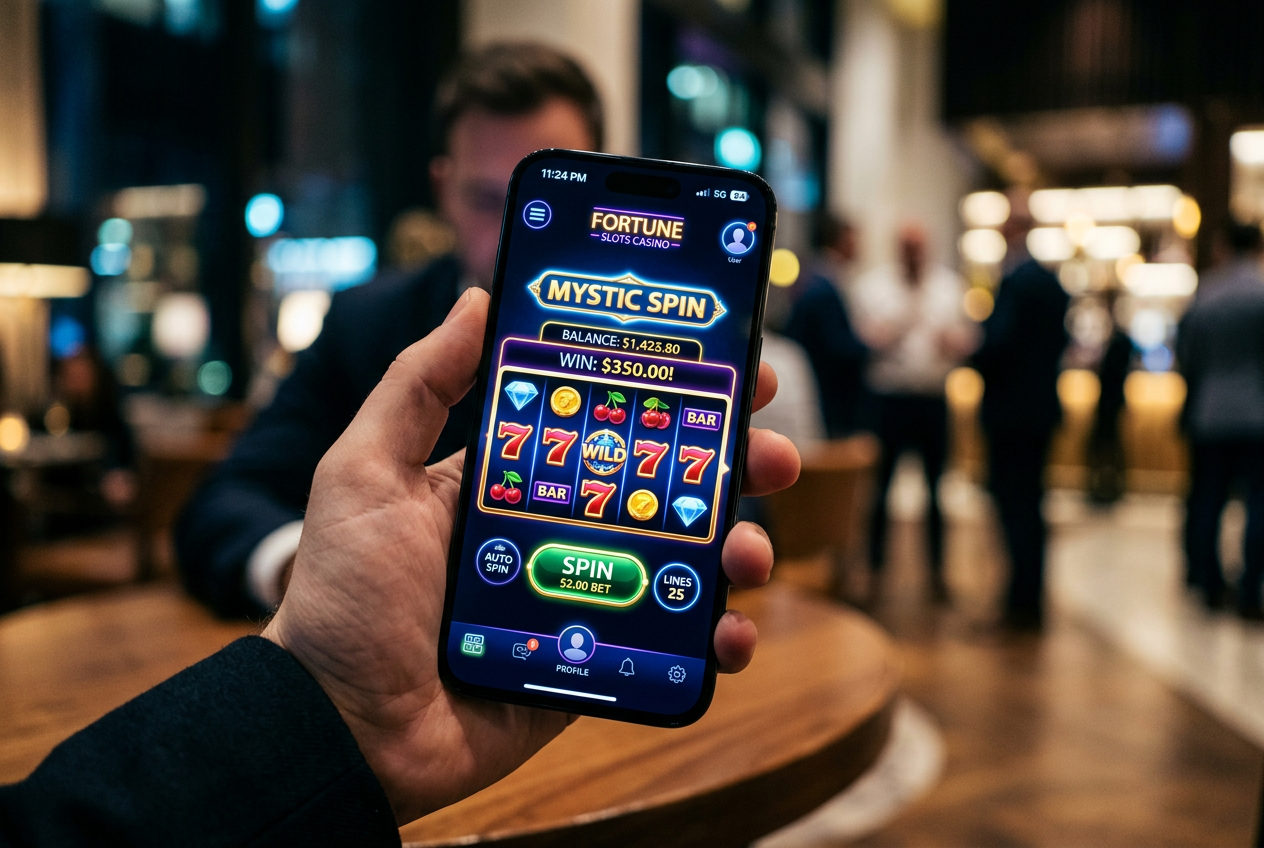 Interfejs nowoczesnego kasyna online na smartfonie z neonowymi akcentami
