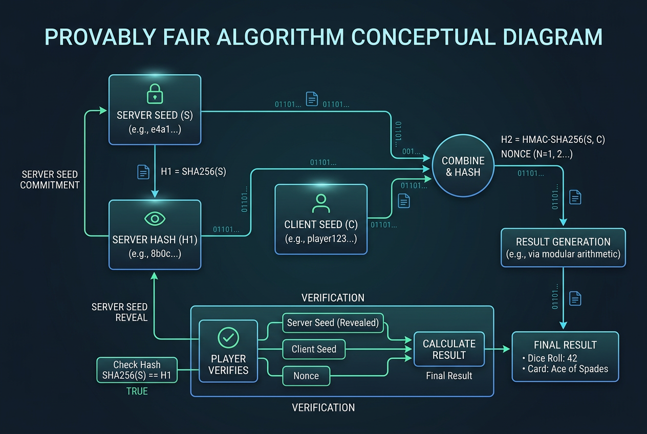 Schemat działania kryptograficznego algorytmu Provably Fair w grach online